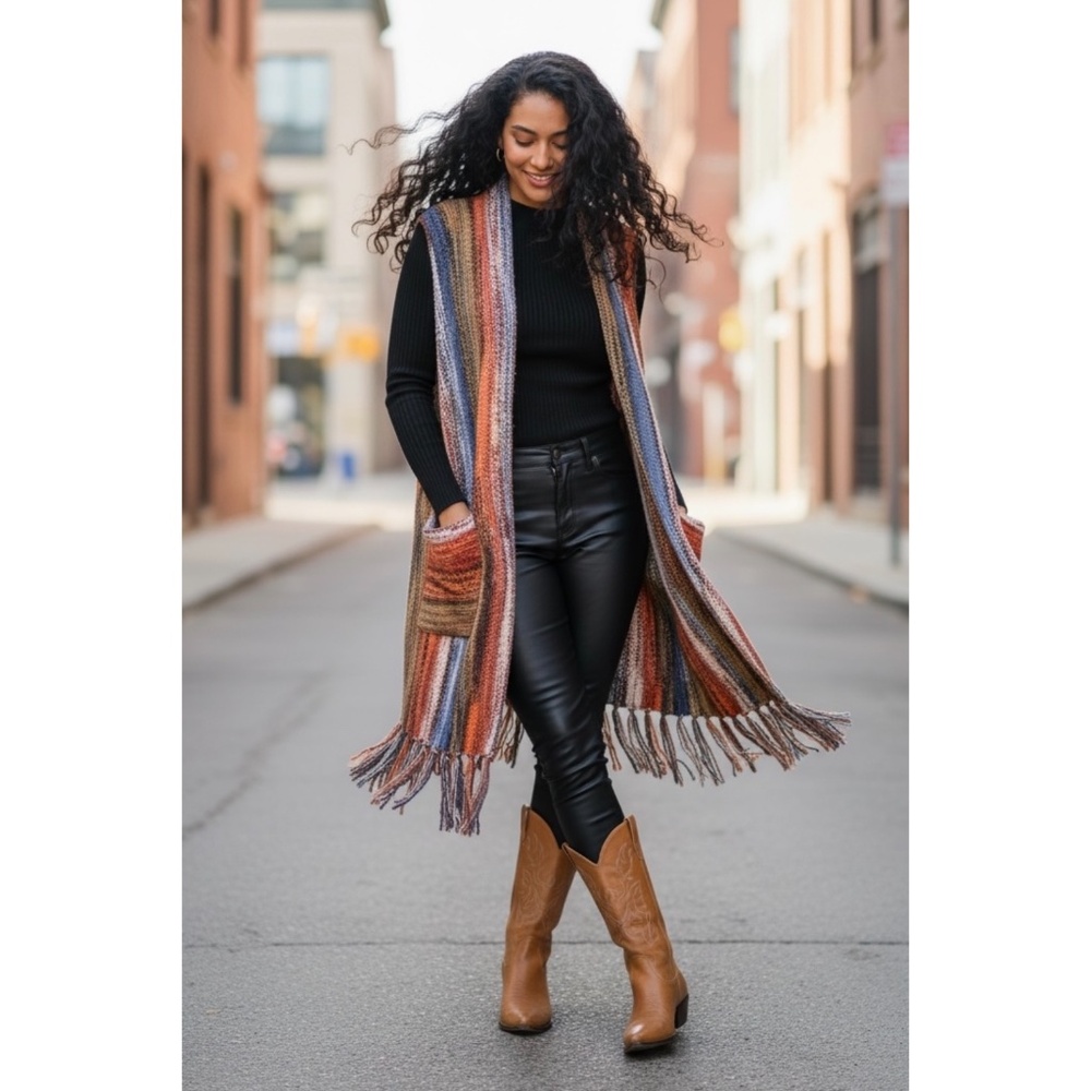 ANGIE Rust Wool Blend Long Sweater Vest with Fringe - Picture 2 of 4